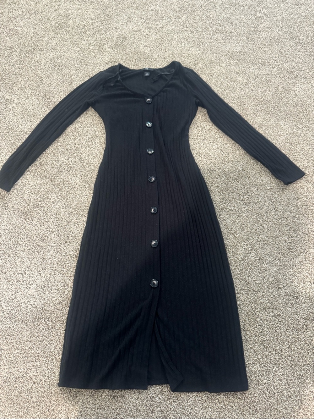 Black Ribbed Button-Front Long Sleeve Dress